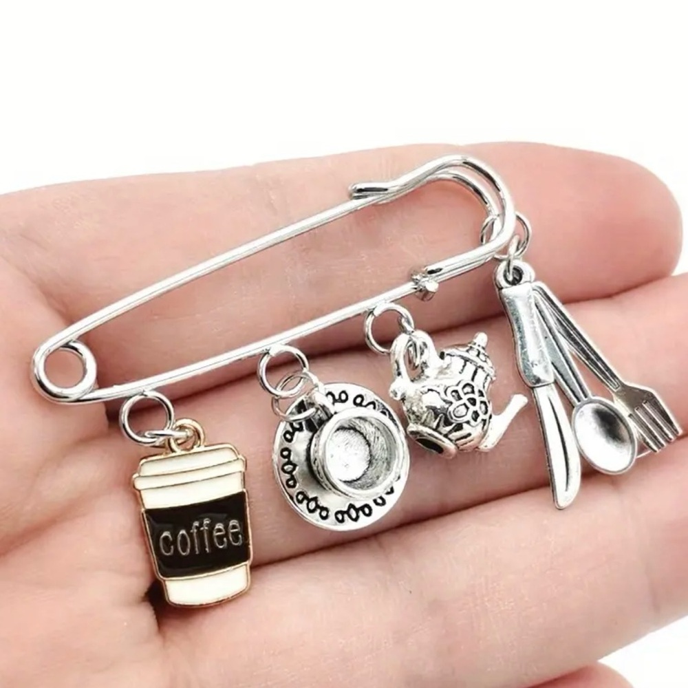 New Coffee Kitchen Spoon Fork Tea Pots Pendant Brooch Pin